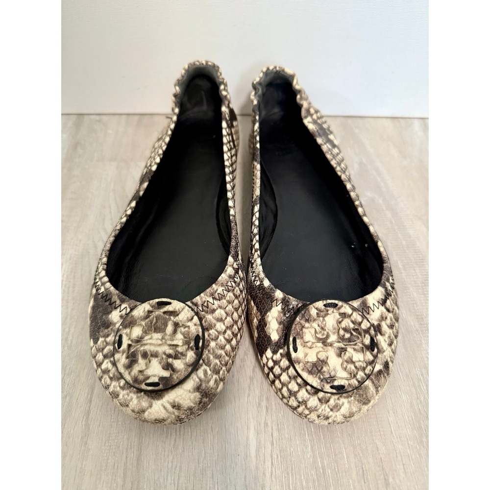Tory Burch Minnie Travel Ballet Flats Snakeskin Print Logo Buckle Women's 7.5 sz